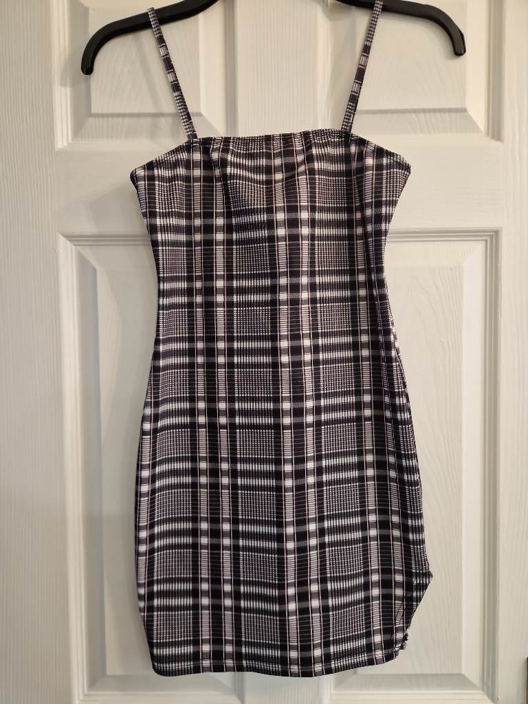 Y2K Plaid Bodycon Dress Size S Black White Pink Checke Retro Womens Teen