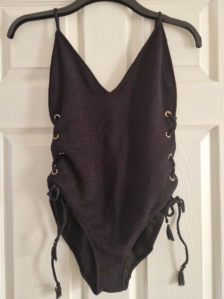 🏖️ Accessorize Black Swimming Costume Size S/M Gold Accents Summer Holiday 🖤