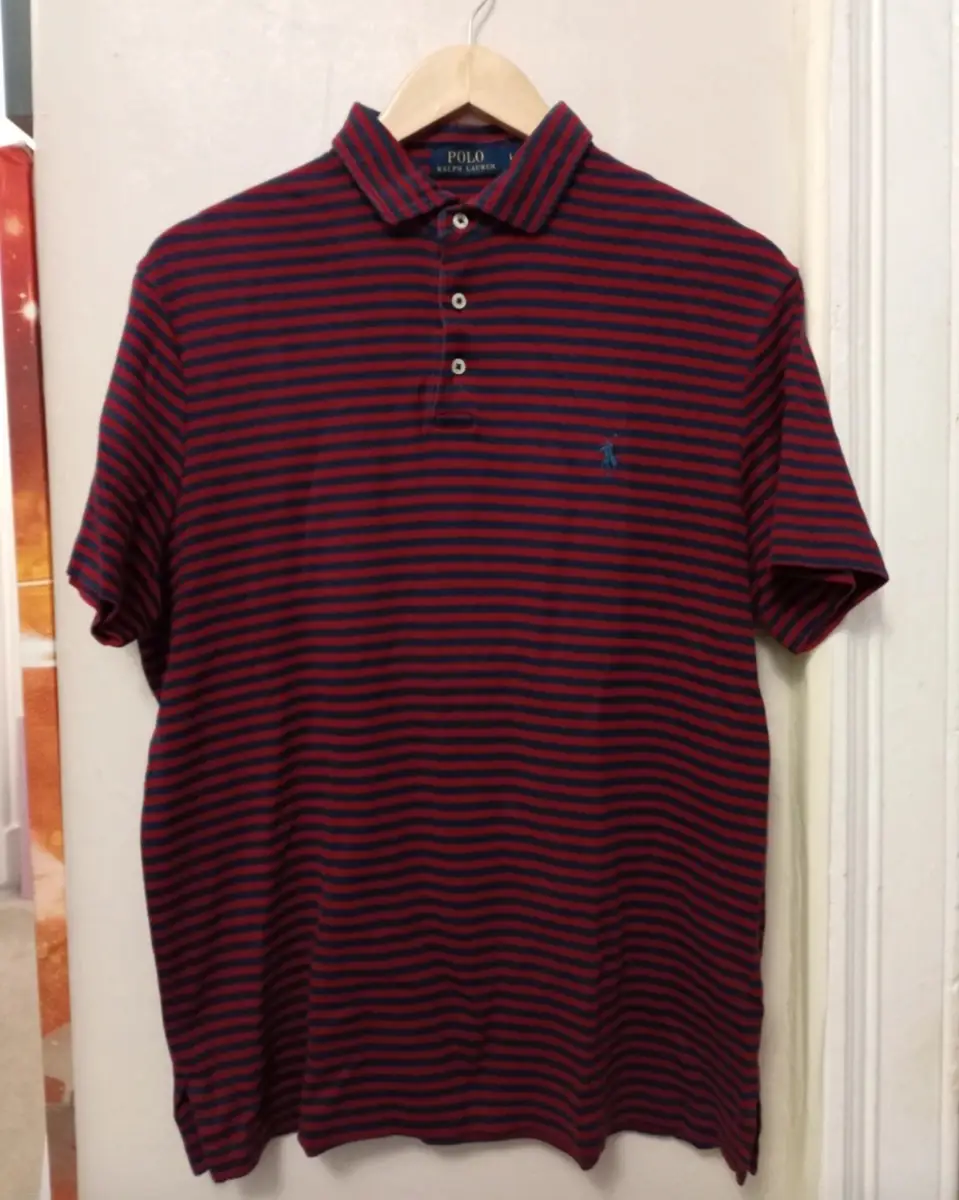 Men's red & blue striped Ralph Lauren short sleeve polo shirt - Large