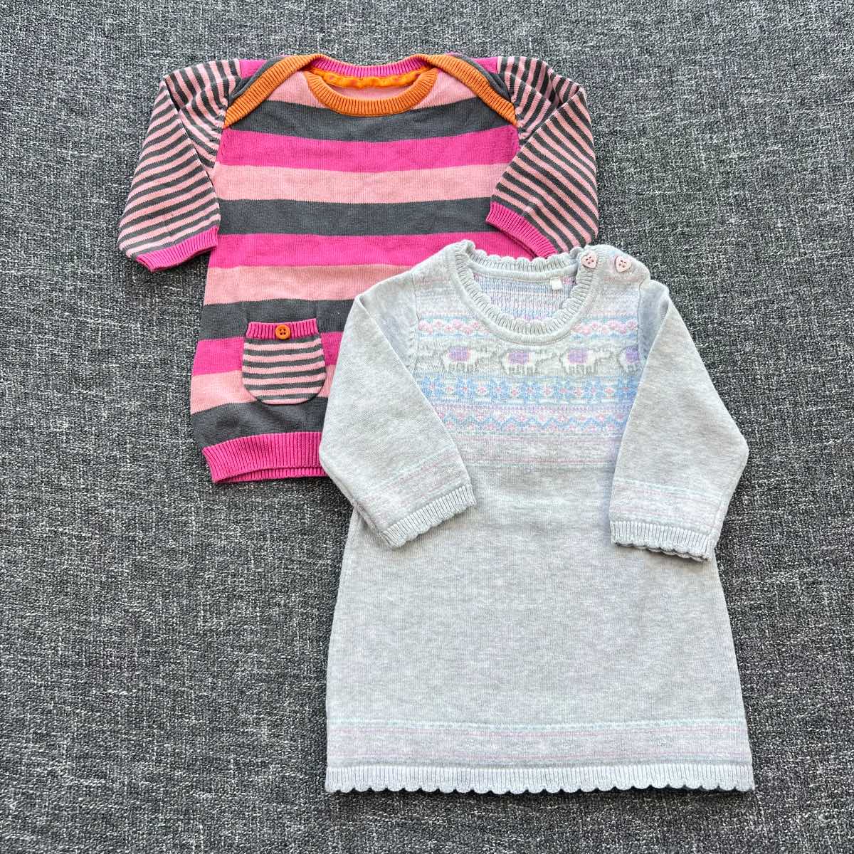 Girls 0-3 month grey pink knitted long sleeve Autumn winter dress bundle