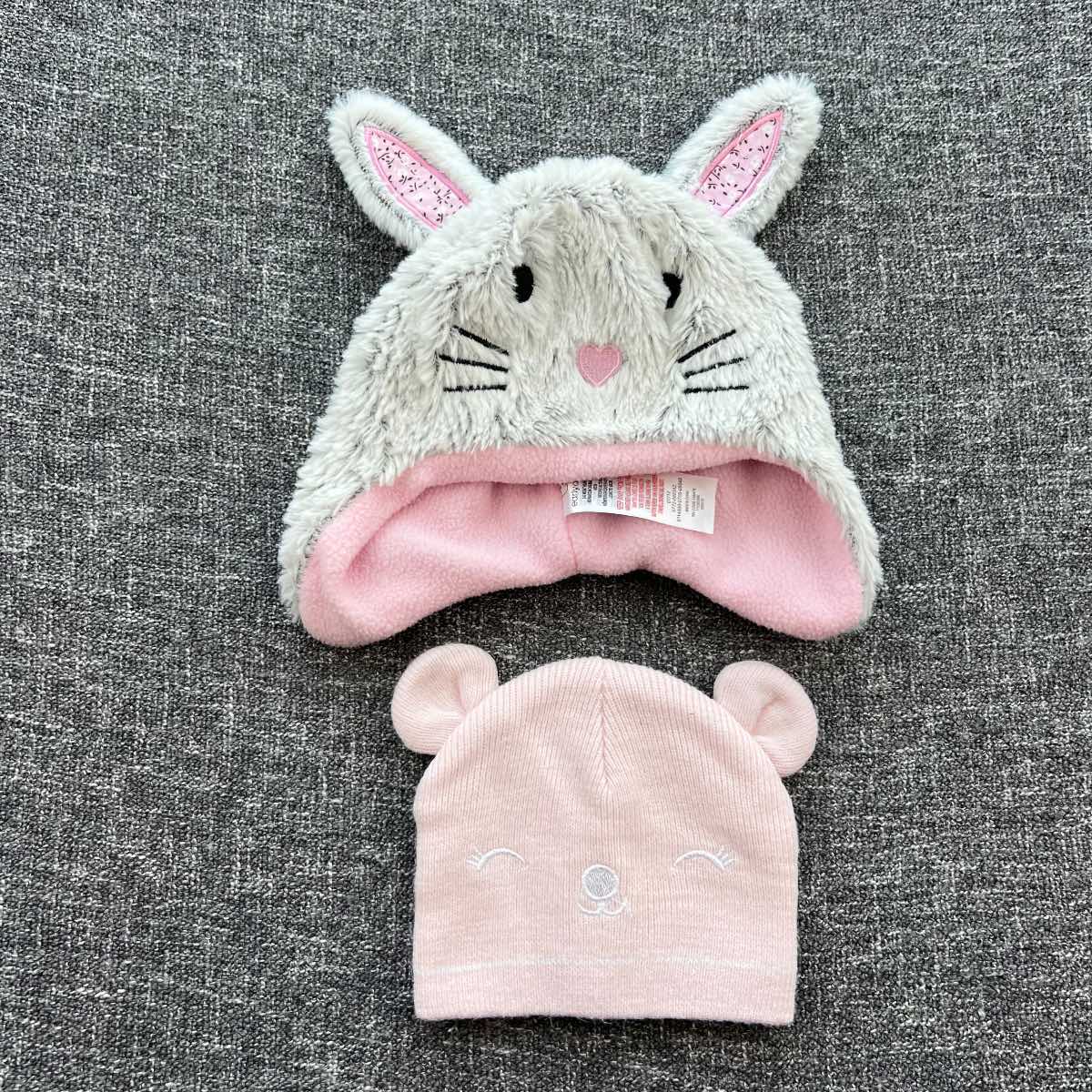 Girls 0-6 months pink and grey animal themed winter hat bundle