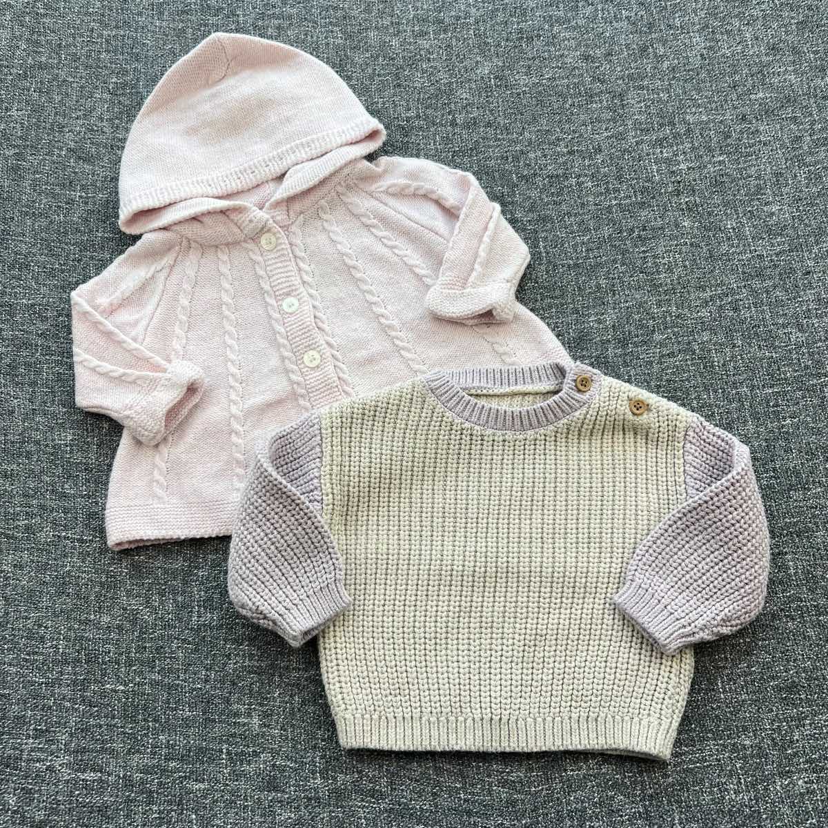 Girls 0-3 month pink beige and lilac autumn winter cardigan and jumper bundle