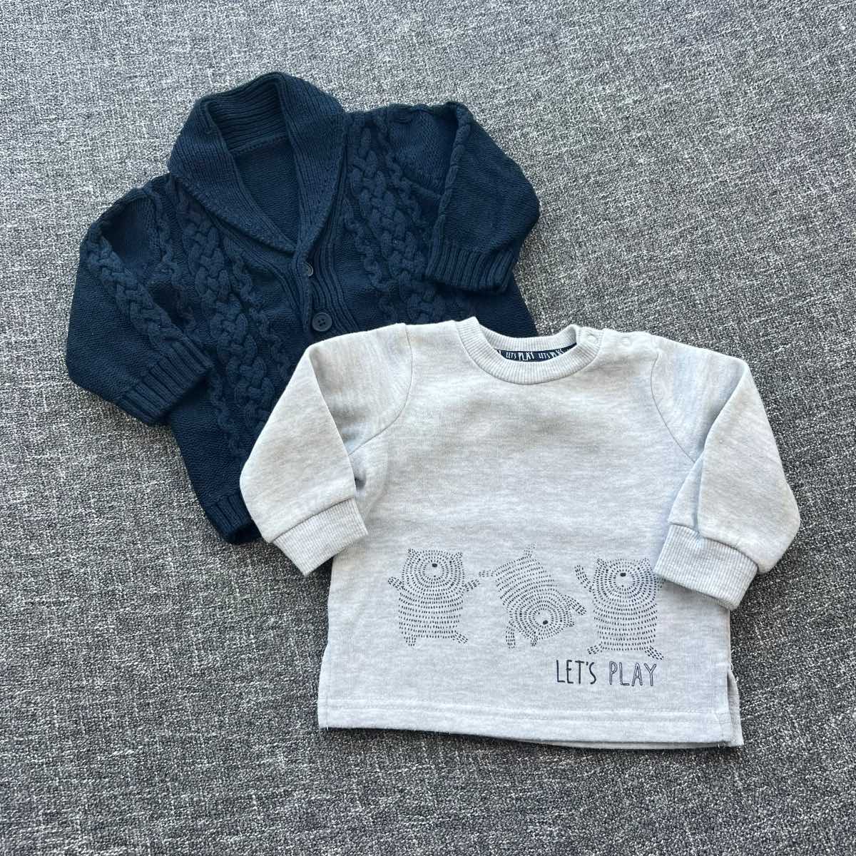 Boys 0-3  months light grey and navy Autumn winter jumper and cardigan bundle