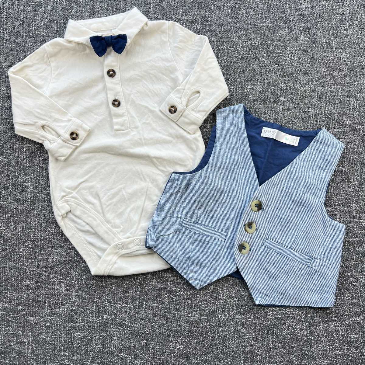 Boys 0-3 month white long sleeve bodysuit with bowtie and light blue waistcoat occasion wear