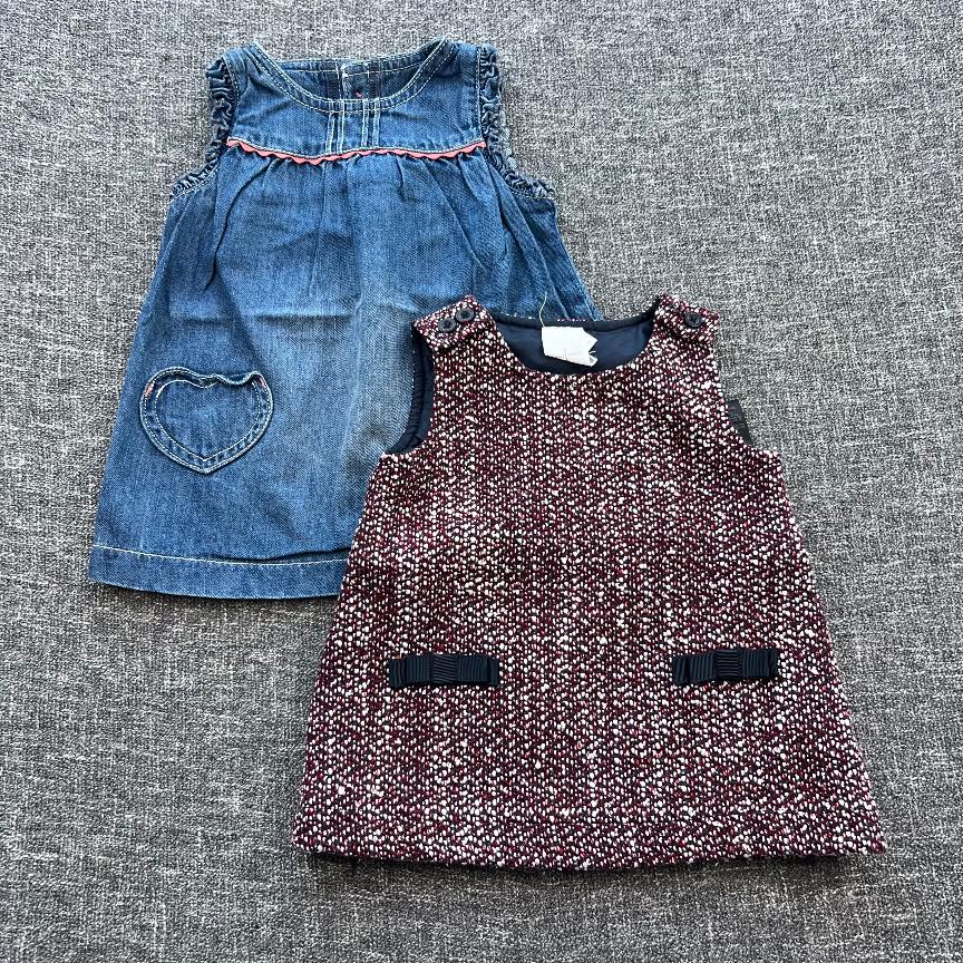Girls 0-3 months blue, red and white sleeveless Autumn winter dress bundle
