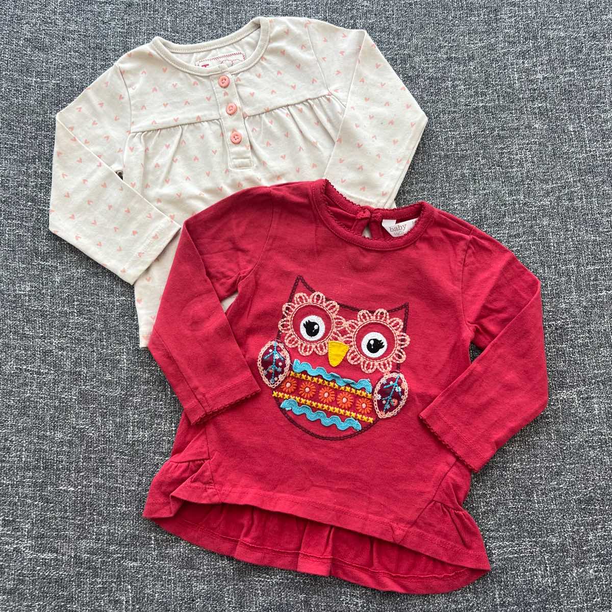 Girls 3-6 month red and beige long sleeve Autumn winter top bundle with owl motif