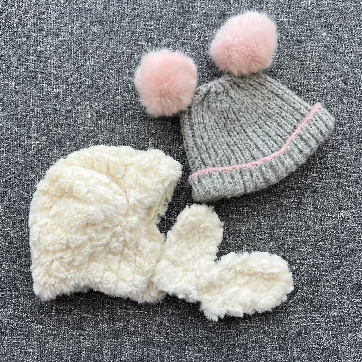 Girls 3-6 month cream and grey winter hat bundle
