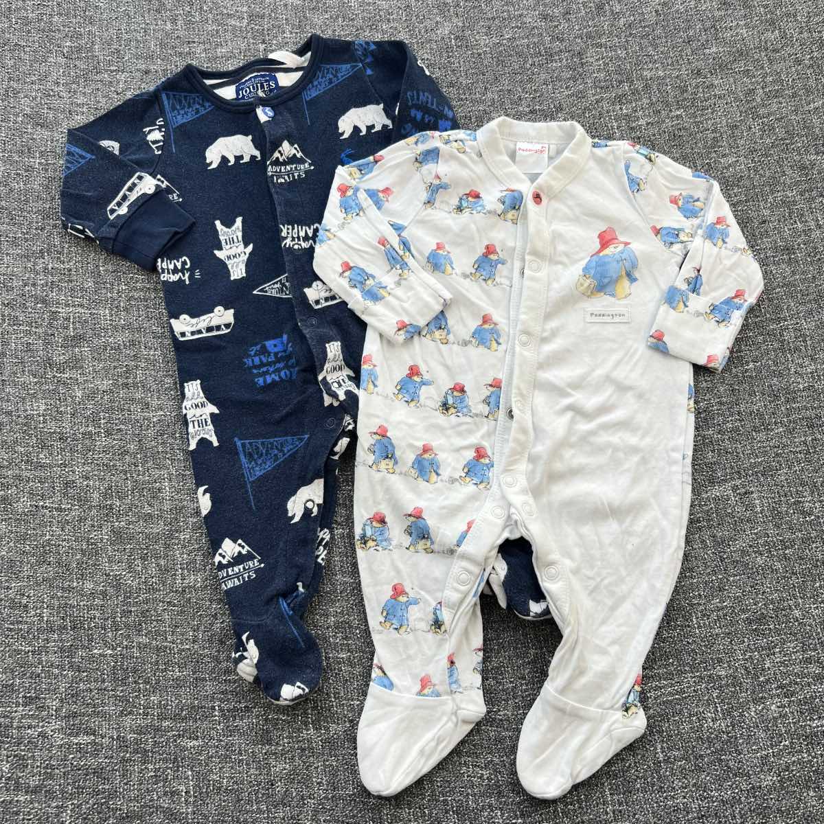 Boys 0-3 month Navy white Paddington Bear print sleep suit bundle 2 pack