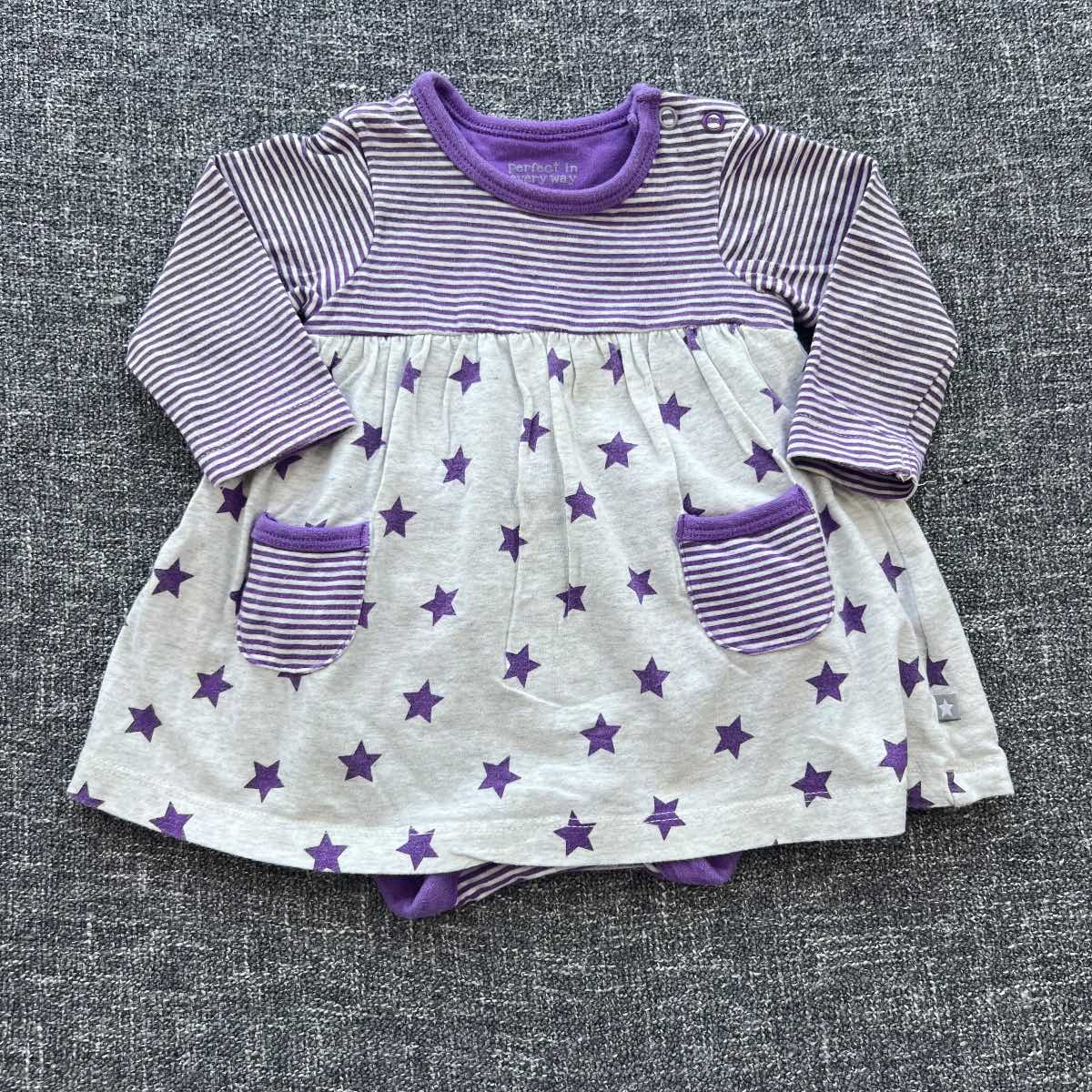 Girls 3-6 month grey and purple star print long sleeve Autumn winter bodysuit dress
