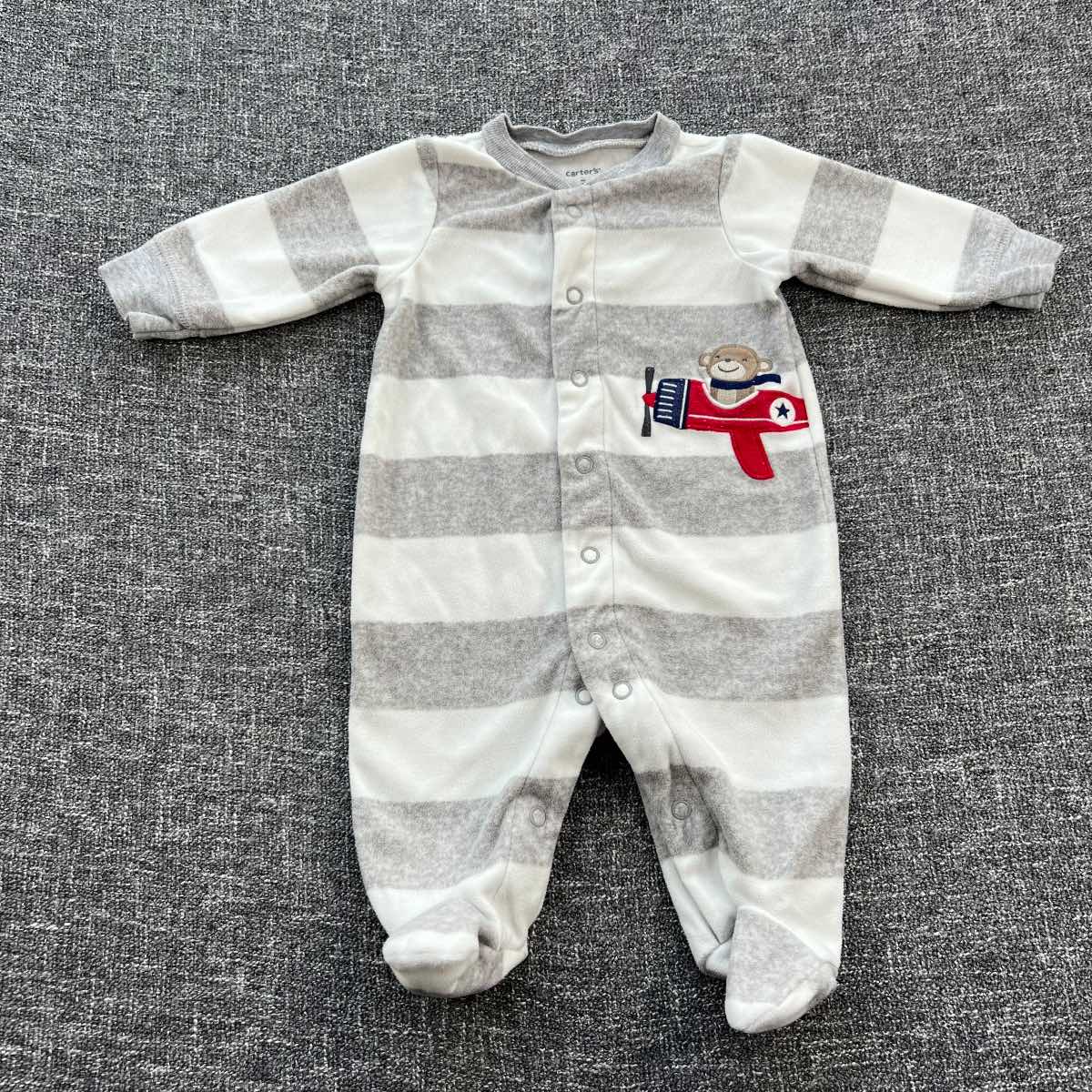 Boys 0-3 month Grey and white stripped fleece Autumn Winter sleep suit