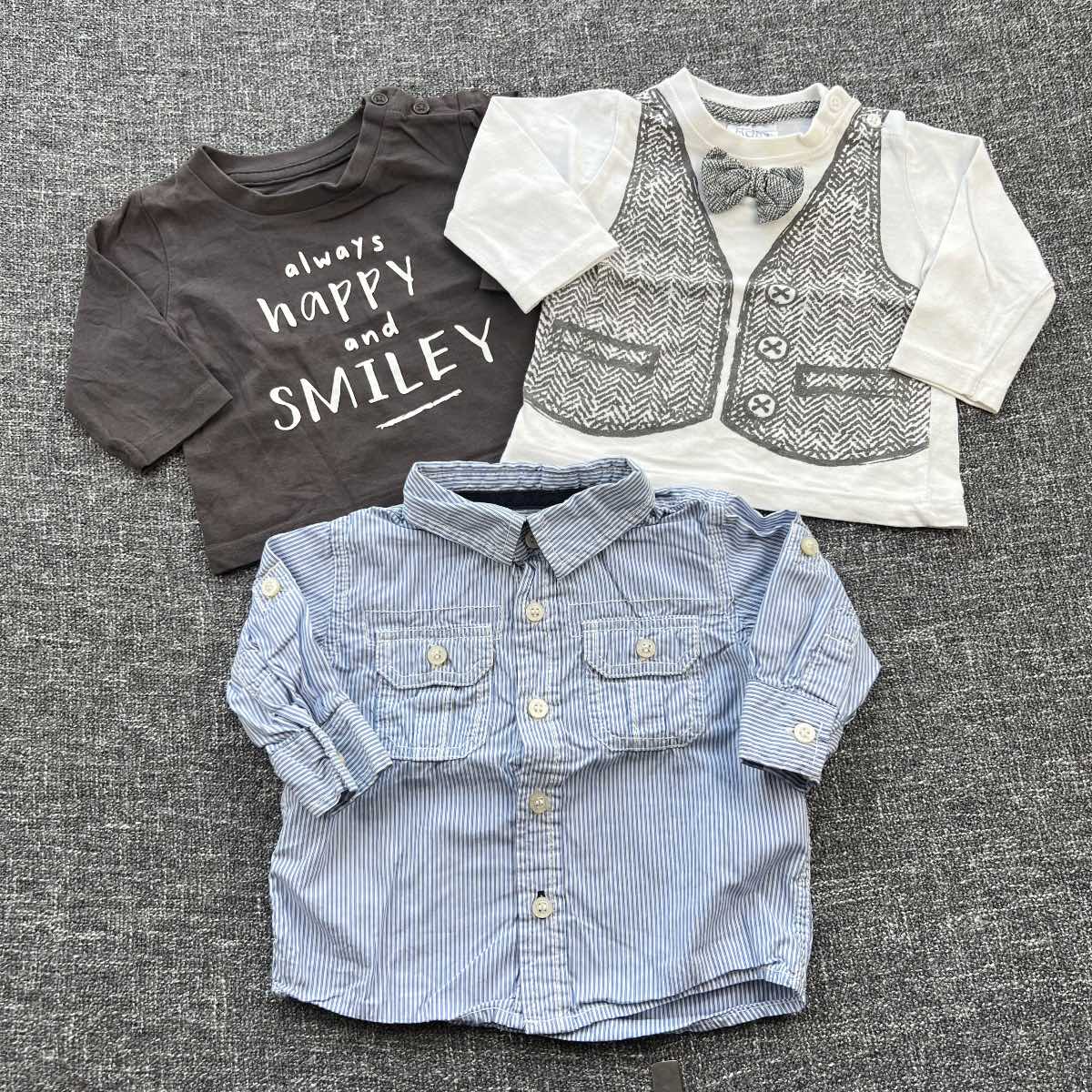 Boys 0–3 months grey white and blue long sleeve Autumn/winter top and shirt bundle