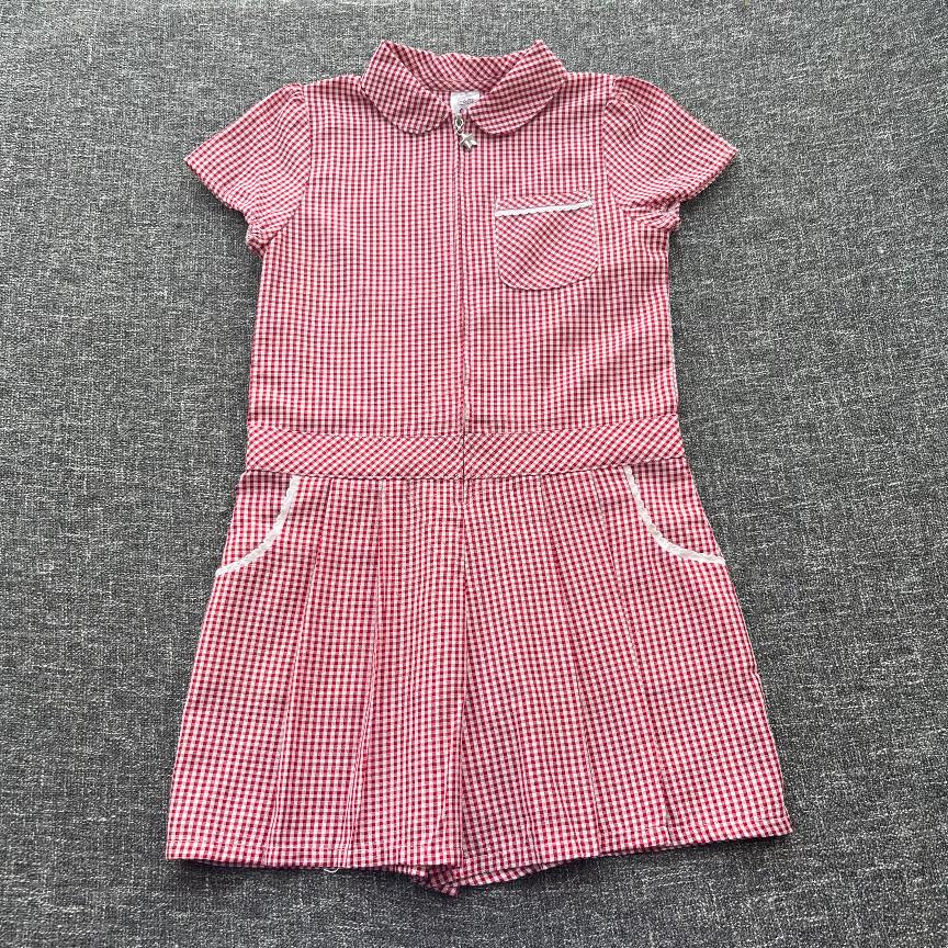 Girl 6-7 year red and white gingham check summer school jumpsuit