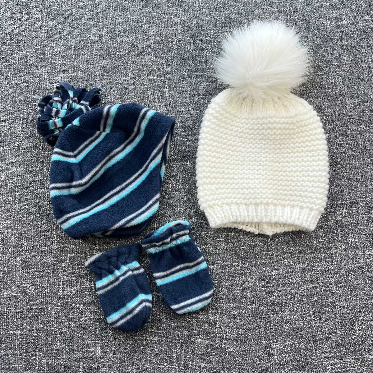 Boys 0-three months white and navy winter bobble hats 2 pack
