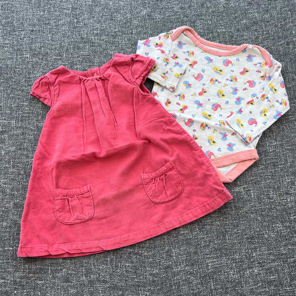 Girls 3-6 months pink cord sleeveless dress and bird print long sleeve bodysuit Autumn winter outfit