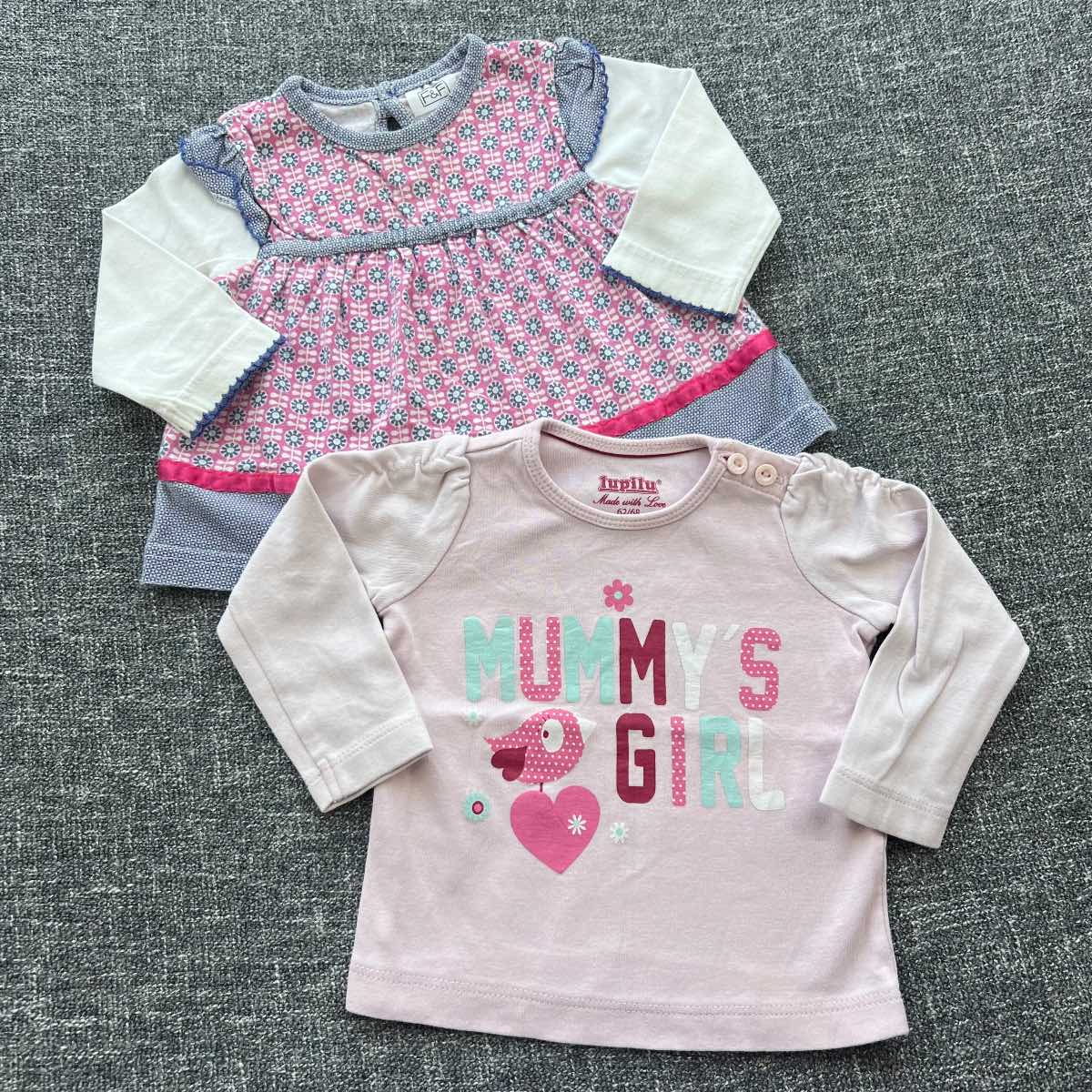 Girls 3-6 month pink/blue patterned long sleeve Autumn winter top bundle