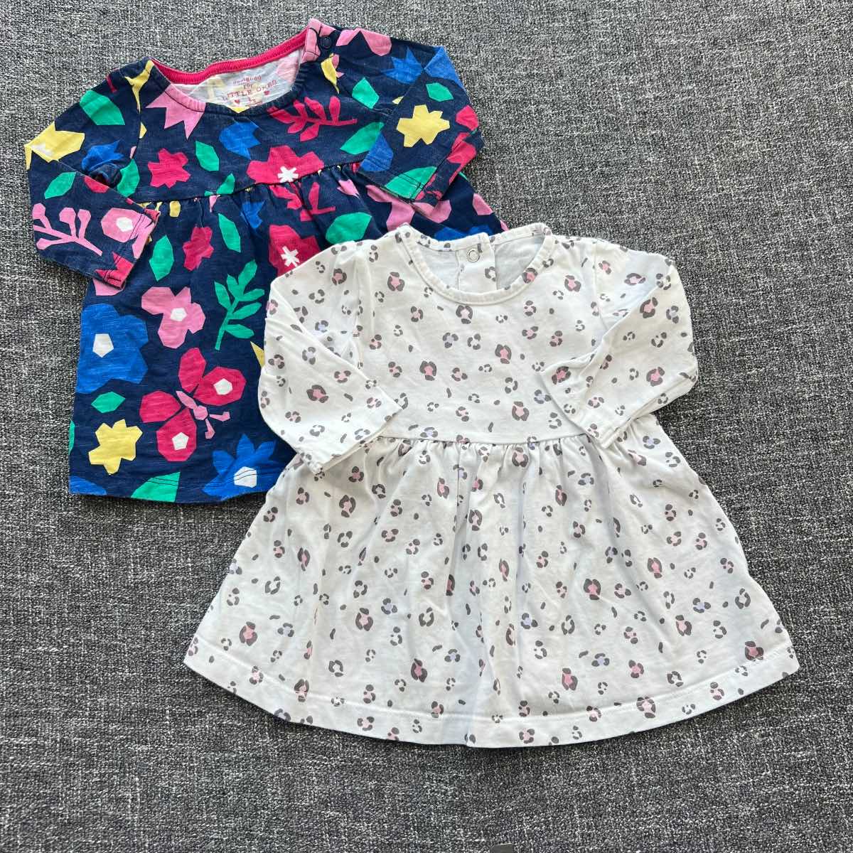 Girls 0-3 months navy floral and white animal print long sleeve Autumn winter dress bundle