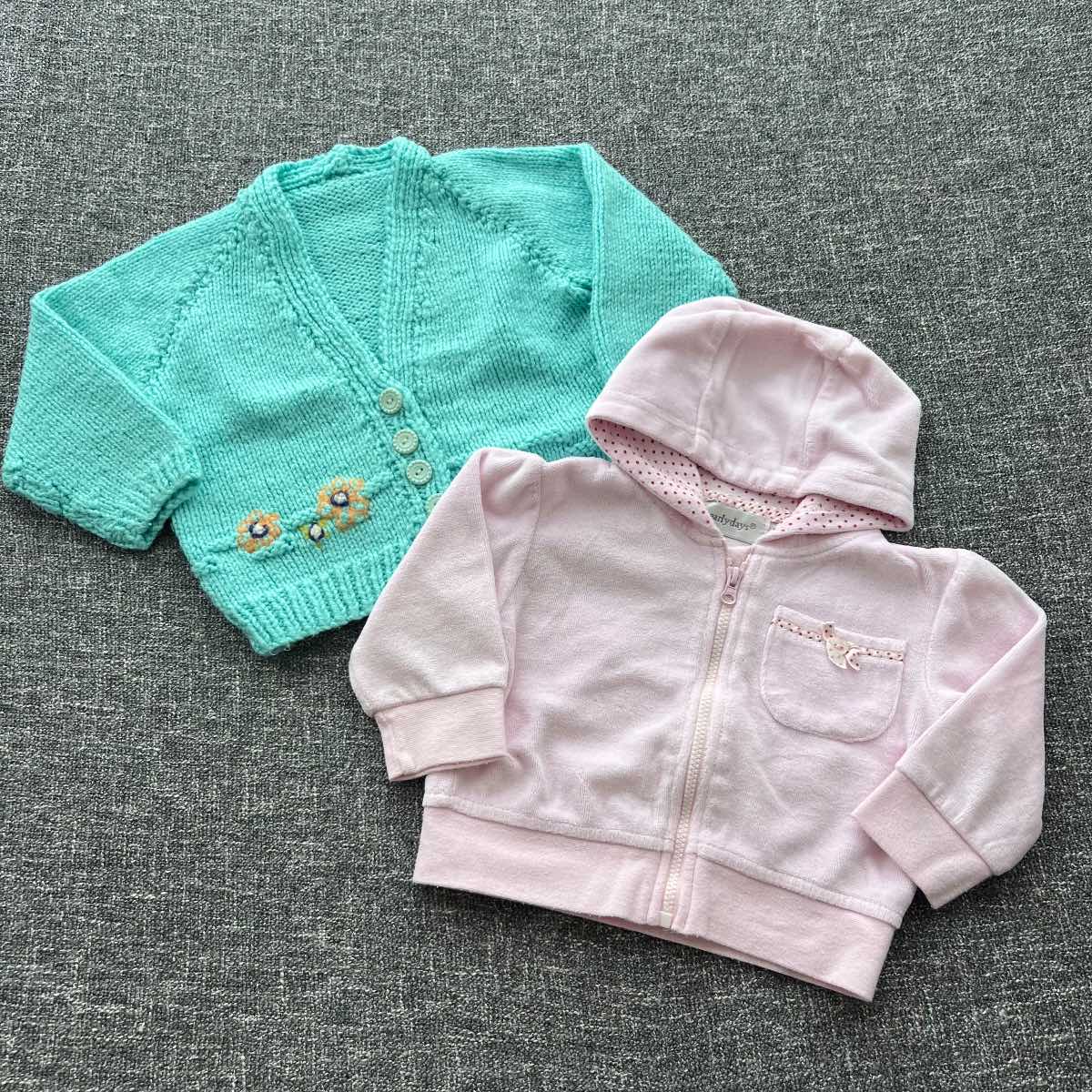 Girl 3-6 month pink valour zipfront Hoodie and mint green hand knitted cardigan bundle