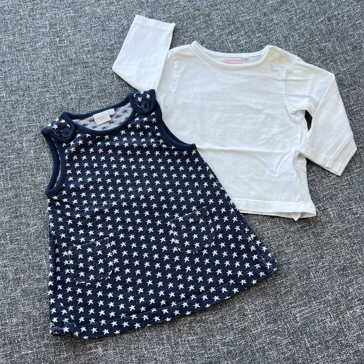 Girls 3-6 month navy and white star print pinball dress white long sleeve top
