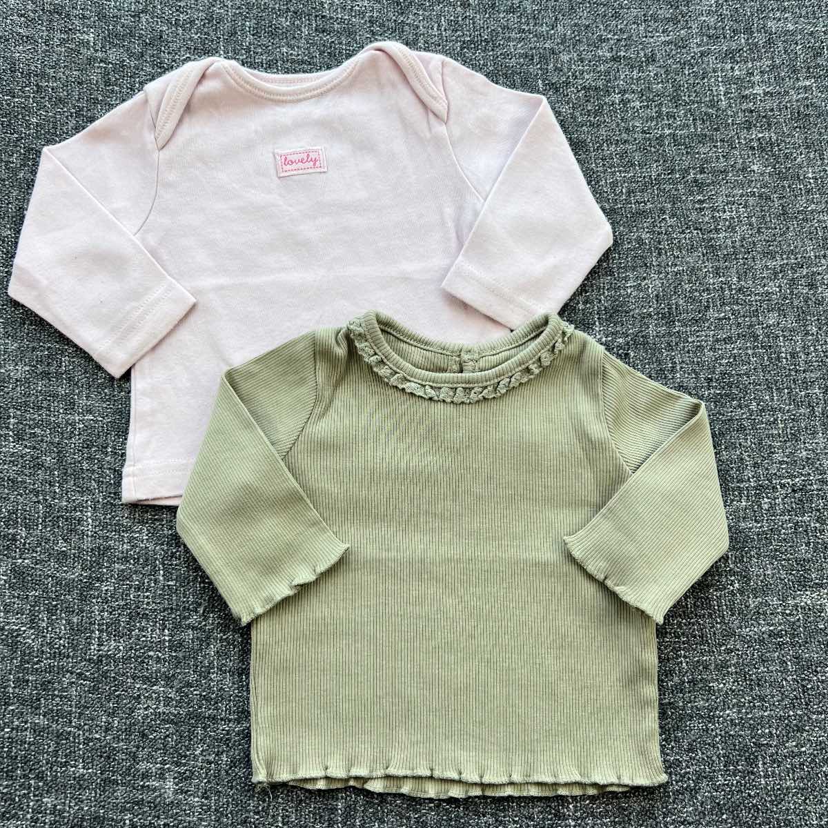 Girls 0-3 month pink and khaki long sleeved Autumn winter top bundle