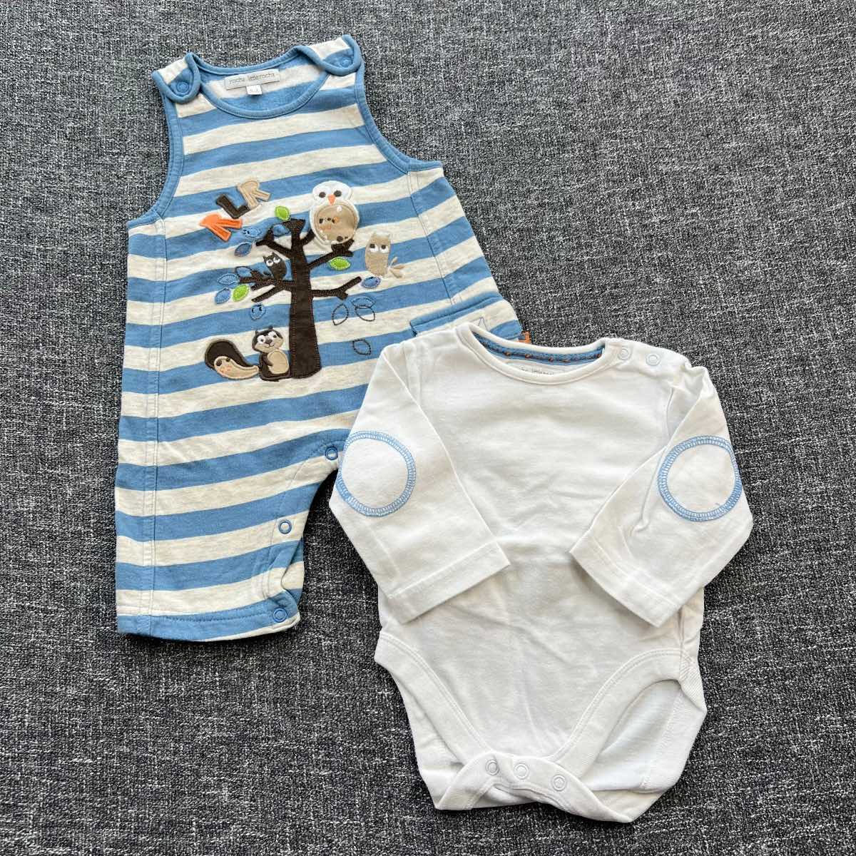 Boy 0-3 months Autumn winter blue & White striped dungarees with white long sleeve bodysuit outfit