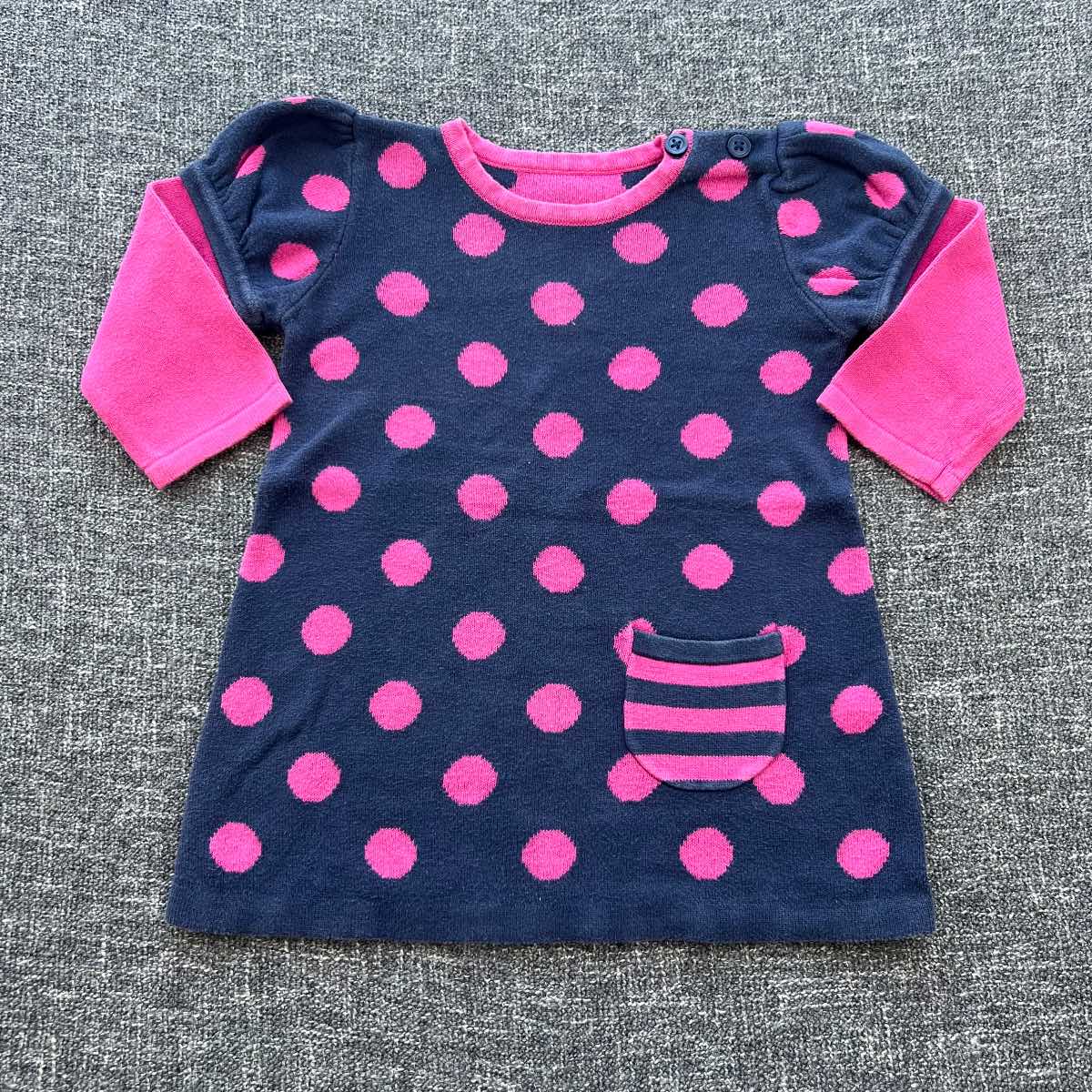 Girls 3-6 month navy and pink polkadot print knitted long sleeve Autumn winter dress