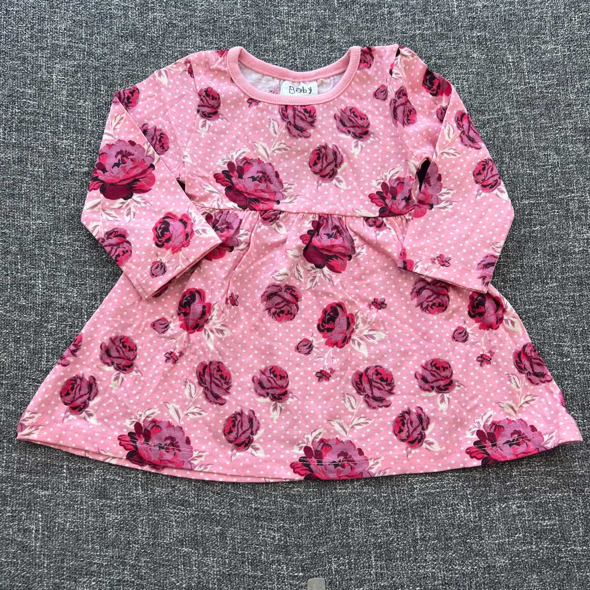 Girls 3-6 months pink polkadot and flower print long sleeve Autumn winter dress