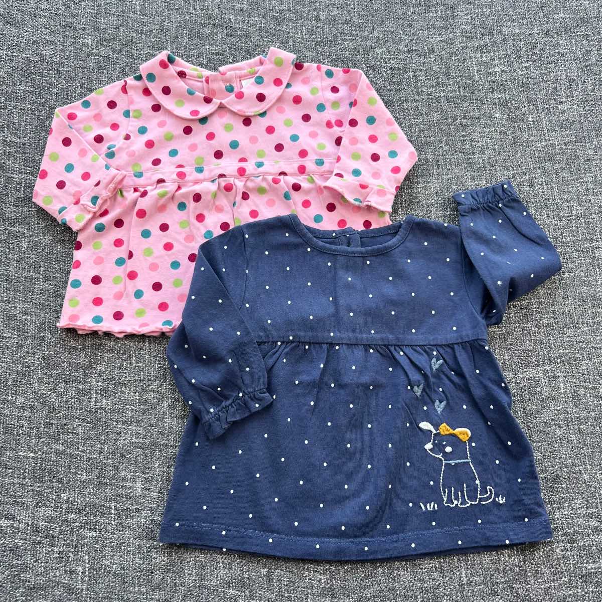 Girls 0-3 month pink spot and navy spot long sleeve Autumn winter top bundle