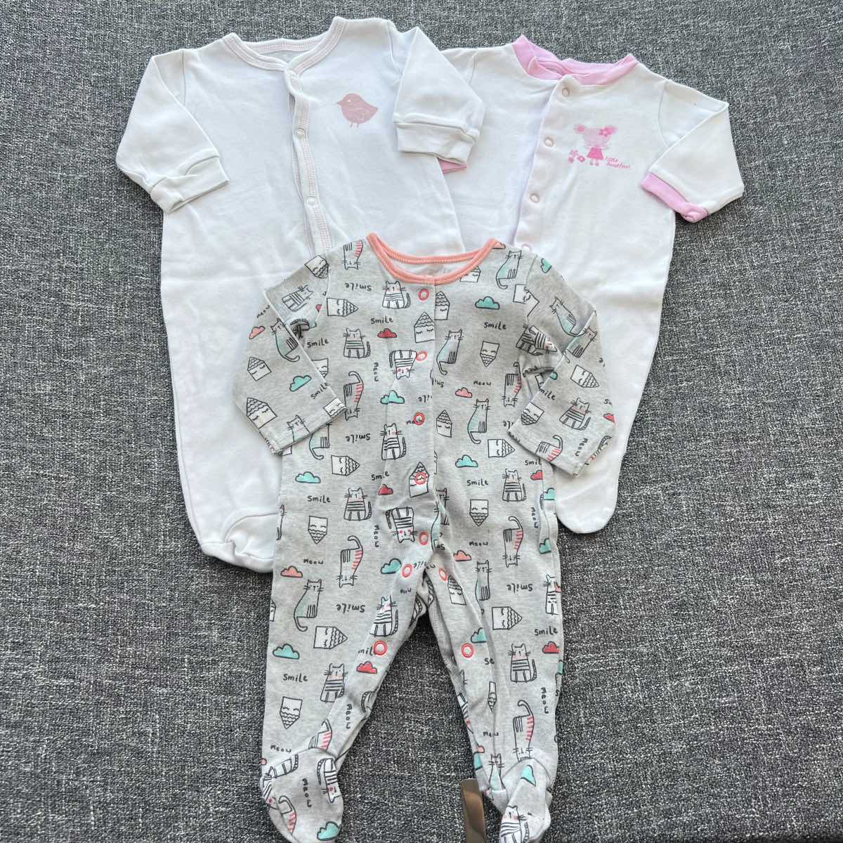 Girls 0-3 month pink gram white sleep suits bundle 3 pack