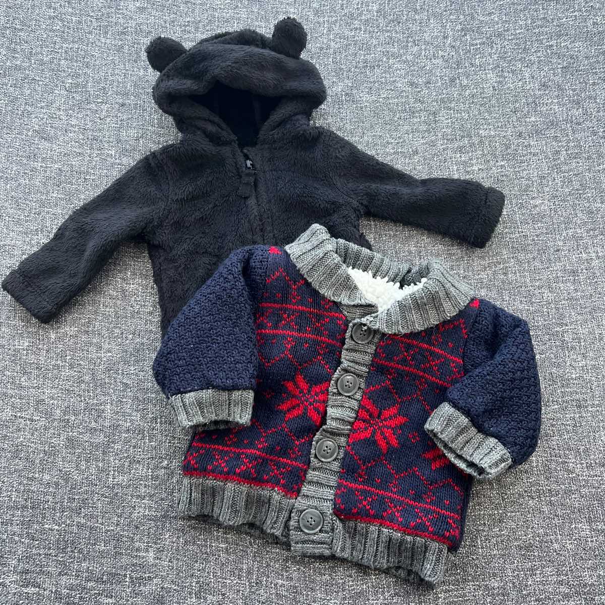 Boys 0-3 months black fleece and navy/red autumn winter Hoodie and cardigan bundle
