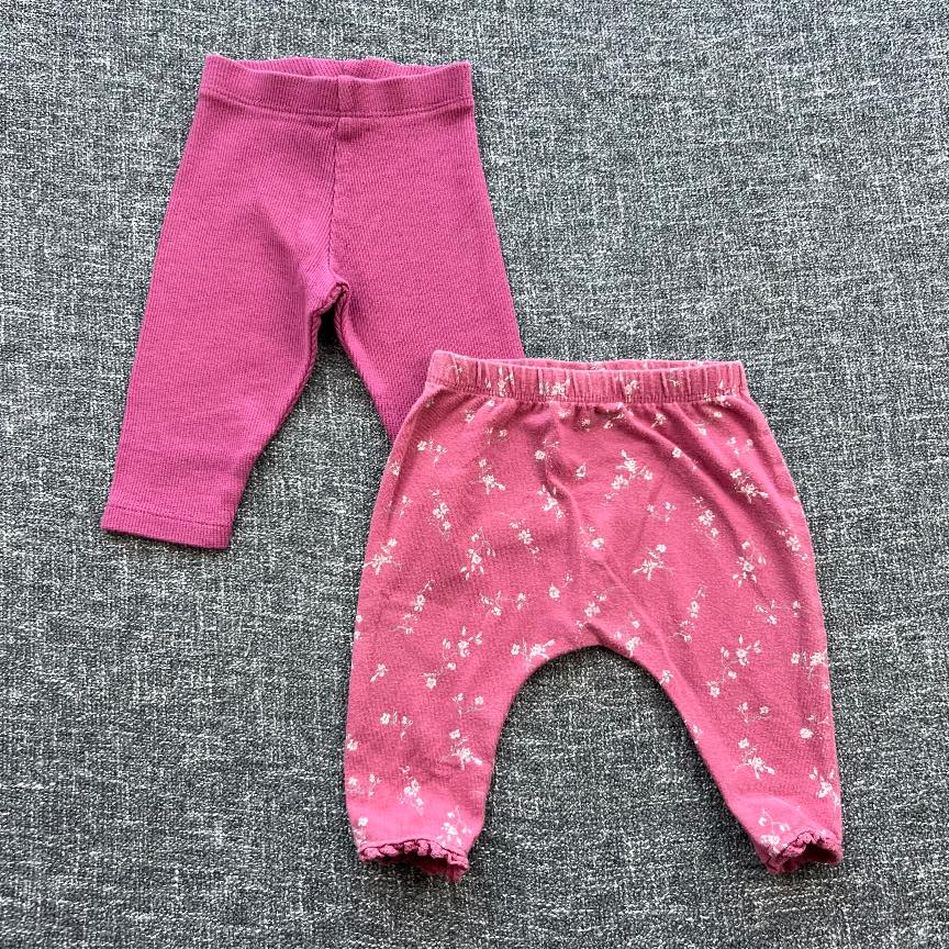Girls 0-3 months pink rib and floral print Autumn winter leggings bundle