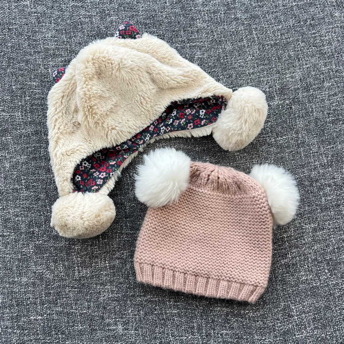 Girls 0-3 months pink and beige winter bubble hats 2 pack