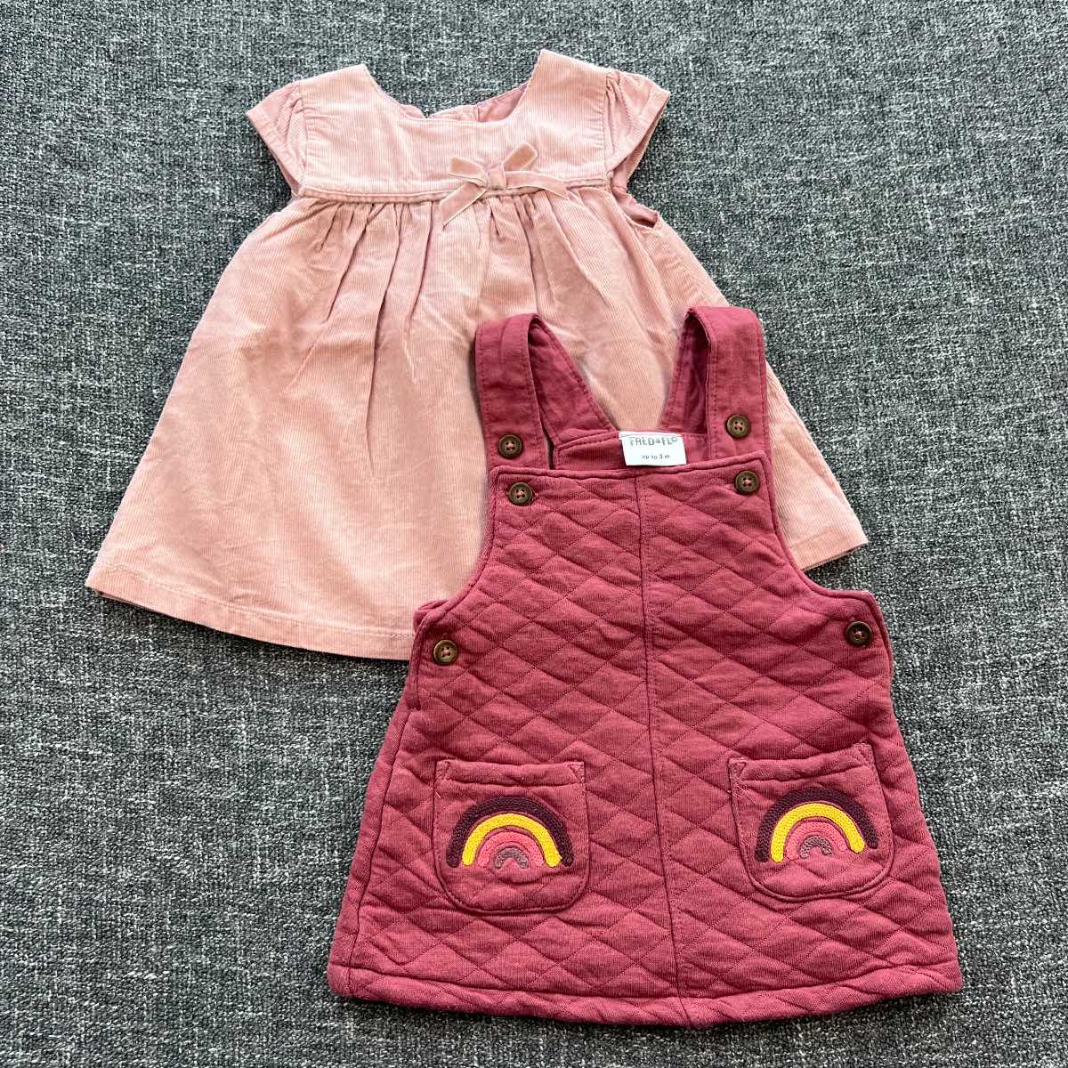 Girls 0-3 month peach and burgundy sleeveless Autumn winter dress bundle