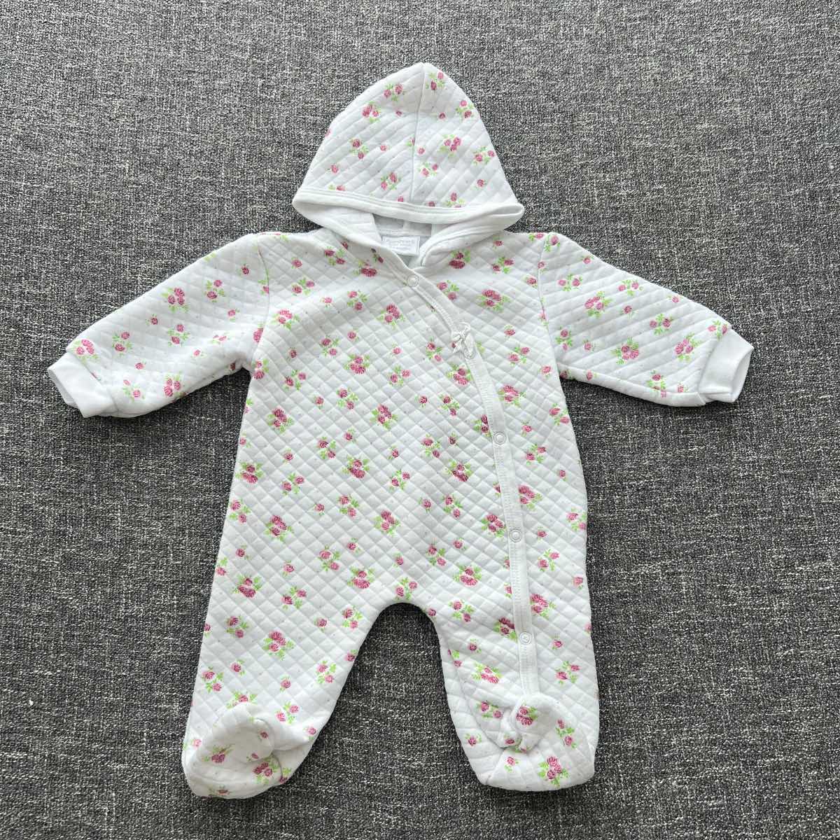 Girls 3-6 month white Autumn winter pram suit with pink floral print