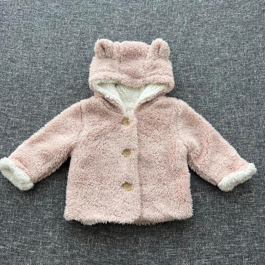 Girls 3-6 month pink and white soft fleece hooded winter jacket