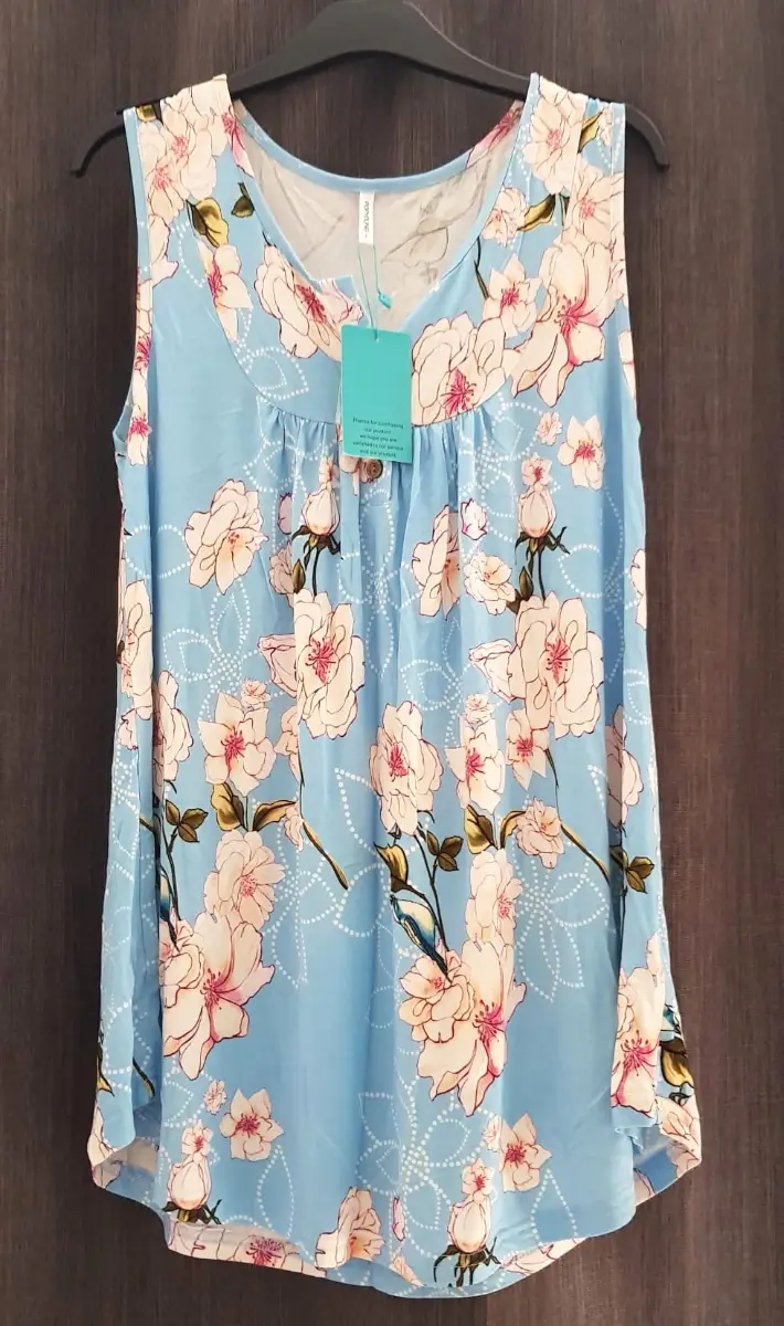 Casual Sleeveless Henley Top – Floral Print – Flare Hem – Leggings Friendly – L - New