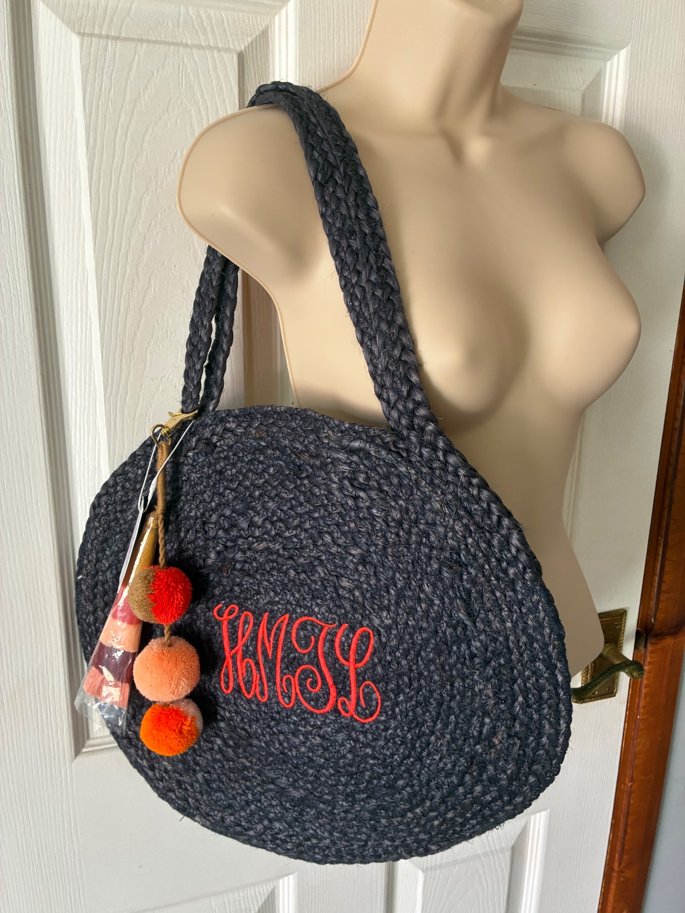 Initial London round straw bag with charms
