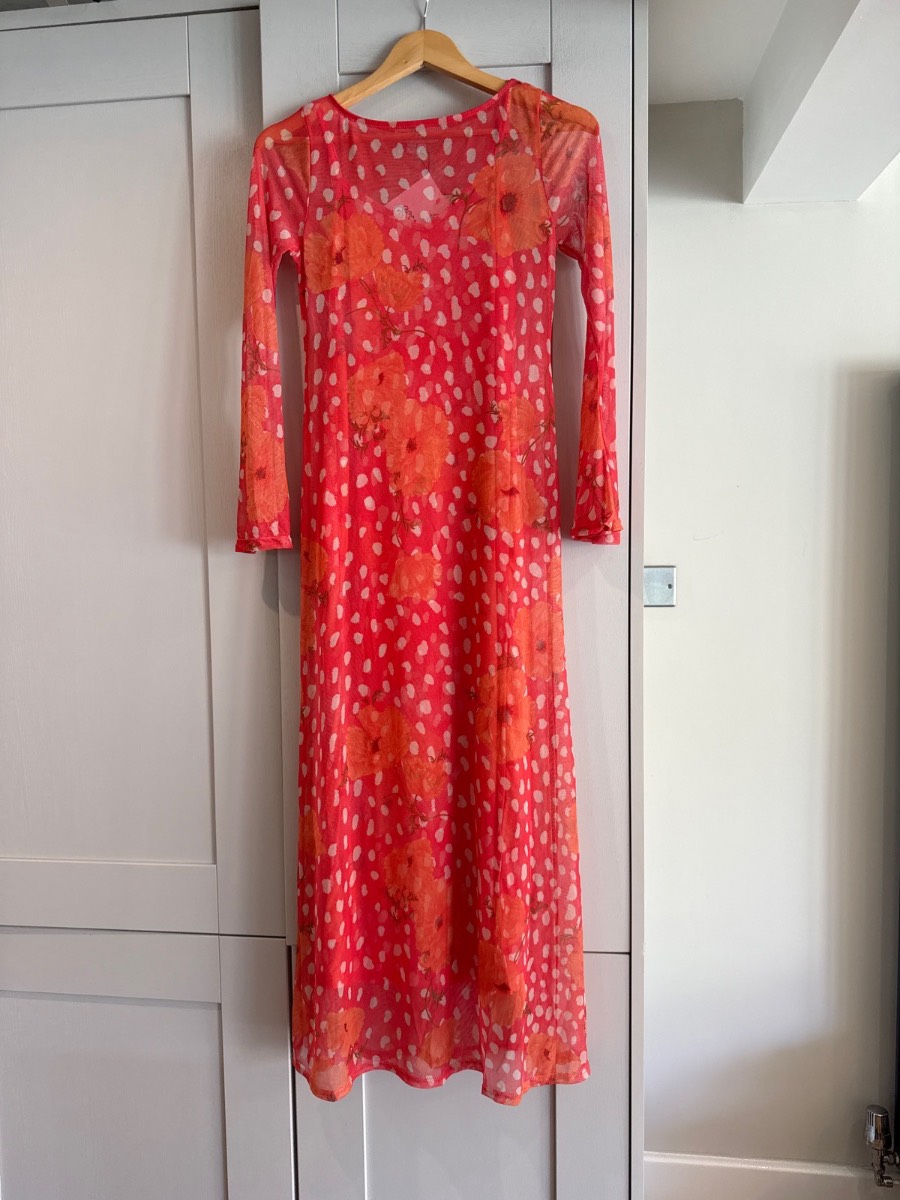 Never Fully Dressed Petite Aria long sleeved mesh maxi dress in coral spot poppy print