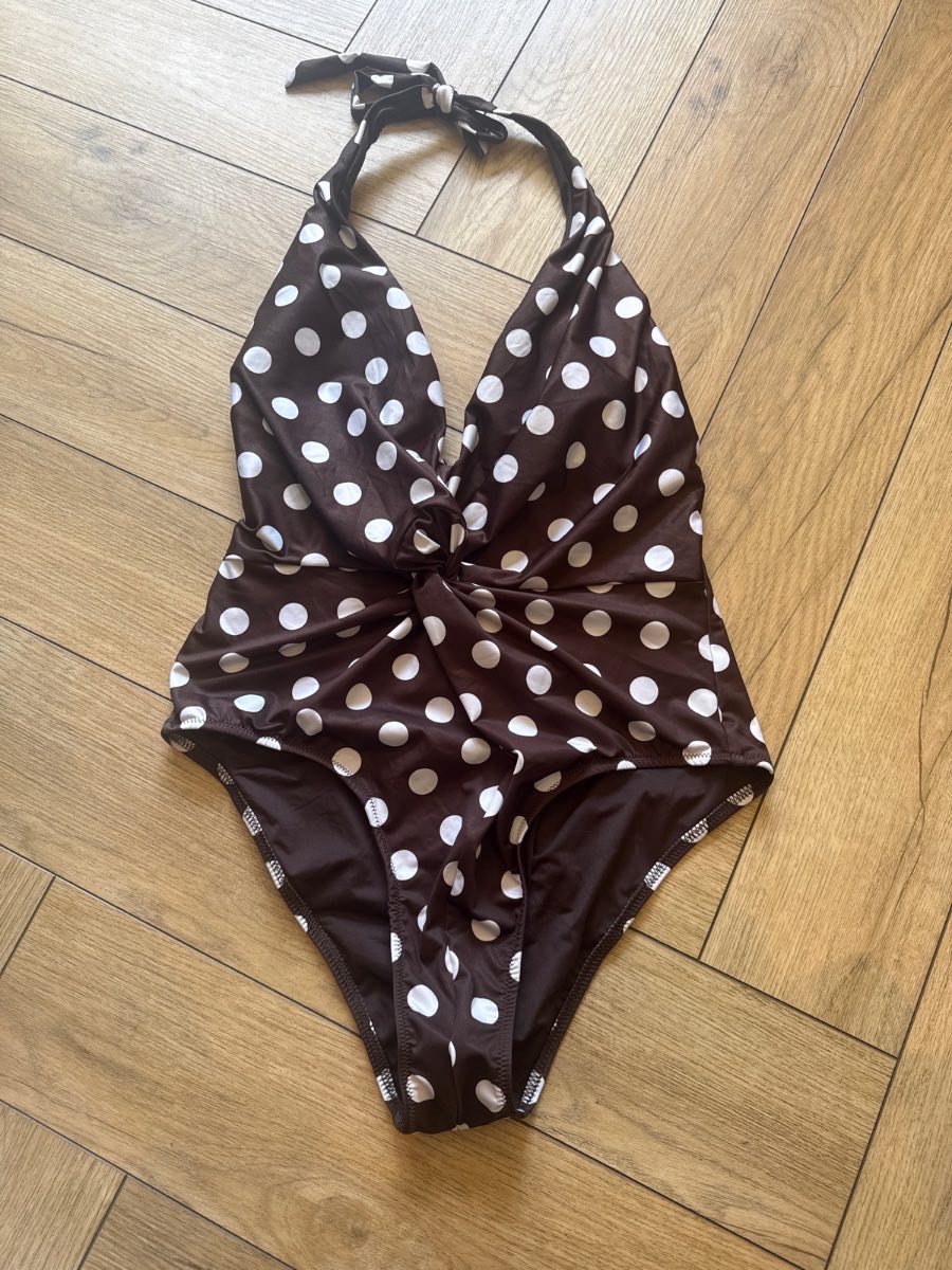 MANGO BROWN HALTER POLKA DOT SWIMSUIT