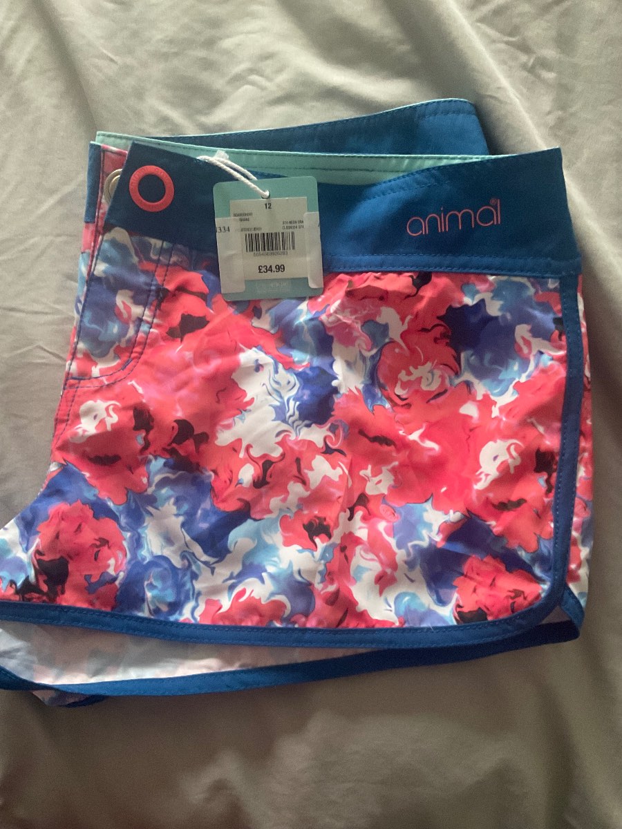 🌊 Animal boardshorts, coral/blue marble print, size 12, new with tags RRP £34.99