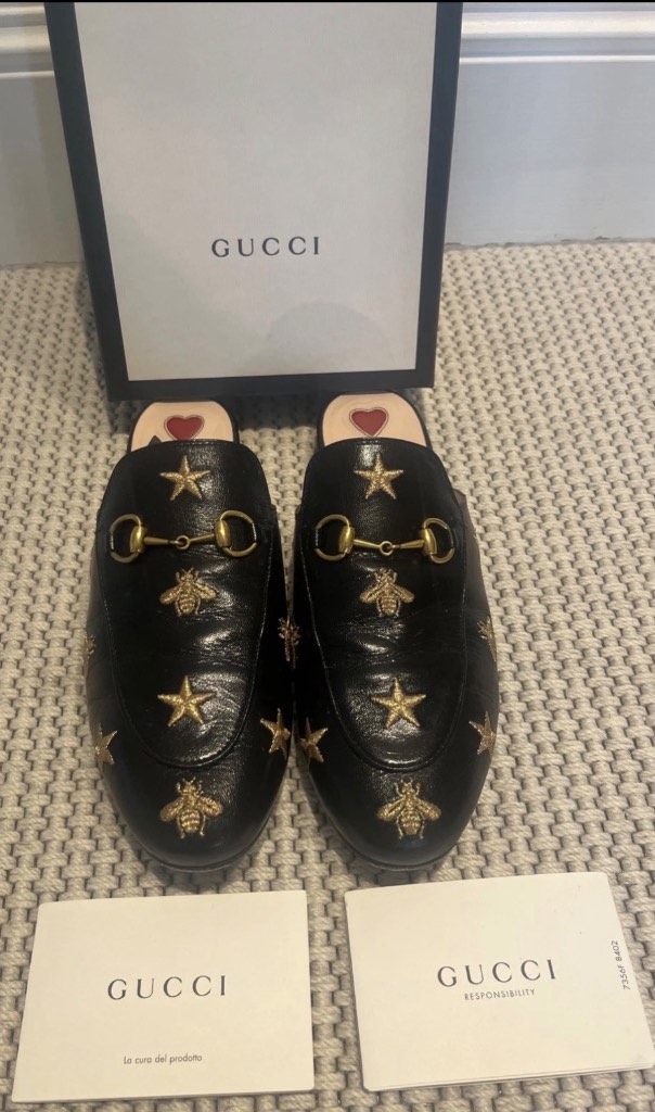 Gucci Princetown Bee Star Embroidered Leather Mules 37.5 UK 4.5 Boxed