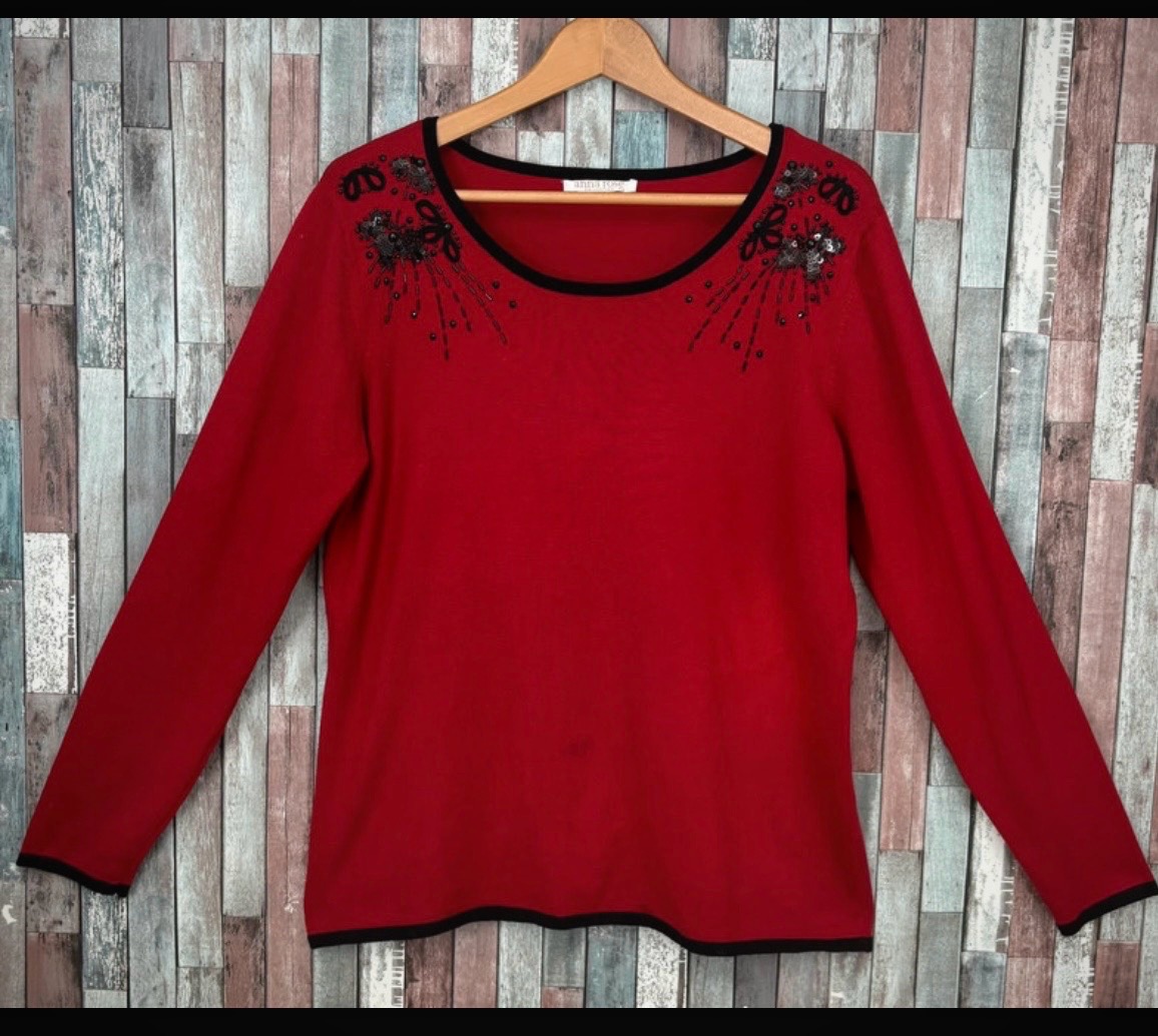 Anna Rose Red Jumper with Black Beaded/Sequinned Embellishments (size XL 18-20)