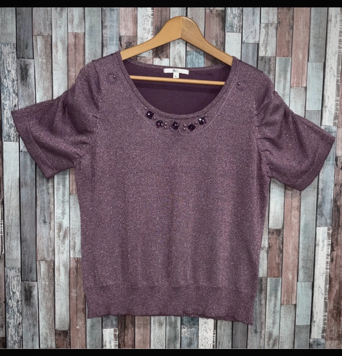 Klass Purple Shimmery, Ruffled Sleeved StretchTop (XL)