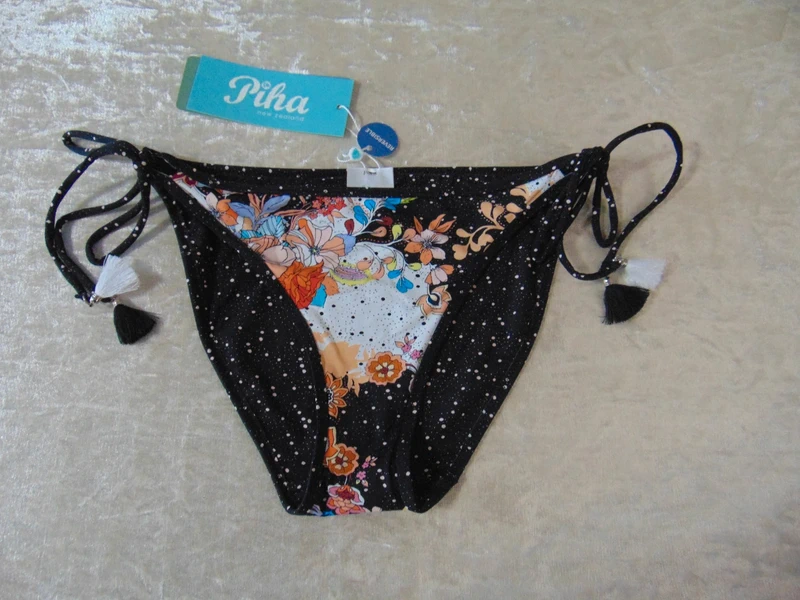 Moontide Piha Mystical Garden Black + Multi Reversible Tie Side Bikini Briefs Swim Bottoms UK 10