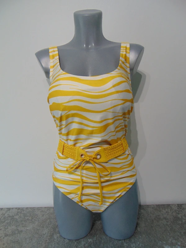 Figleaves Samara Yellow + White Belted Tummy Control Swimsuit UK 32FF UK 10 FF Cup