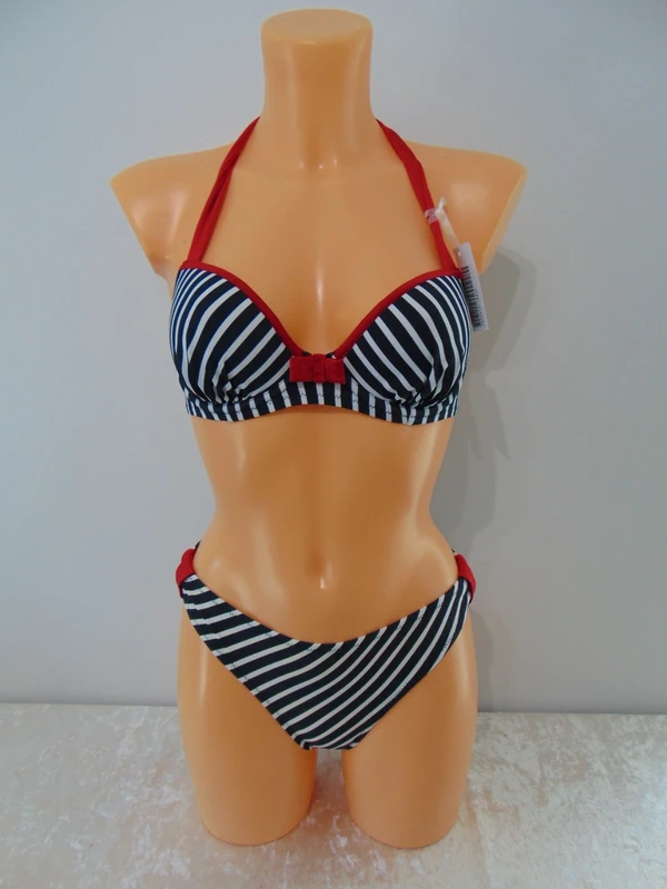 Pour Moi Ahoy Bikini Set Navy White Top UK 32C / UK 10 C Cup + UK 8 Mid Waist Hipster