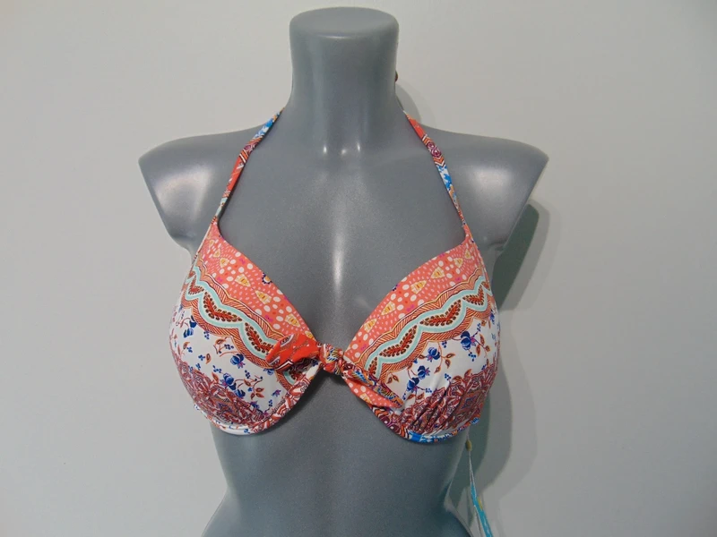 Moontide Piha Daisy Multicoloured Knot Front Halter Bikini Top UK 16 A to B Cup UK 38A to 38B