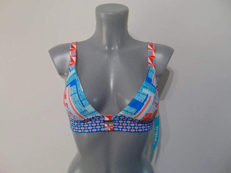 Moontide Piha Tartan Patch Multicoloured Pull On Tri Plunge Bikini Top UK 8