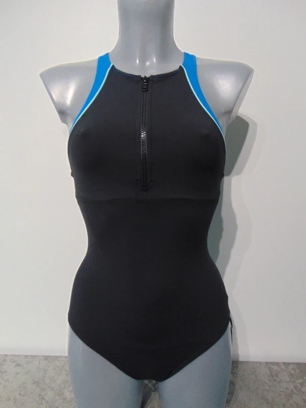 Figleaves Freestyle Black + Blue Zip Front Sporty Racer Back Swimsuit UK 8