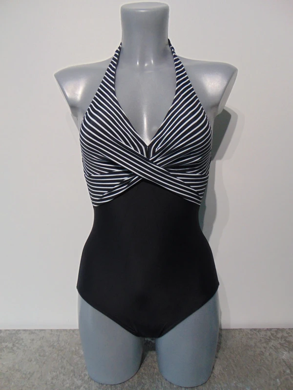 Figleaves Tailor Black + White Stripe Tummy Control Swimsuit UK 6