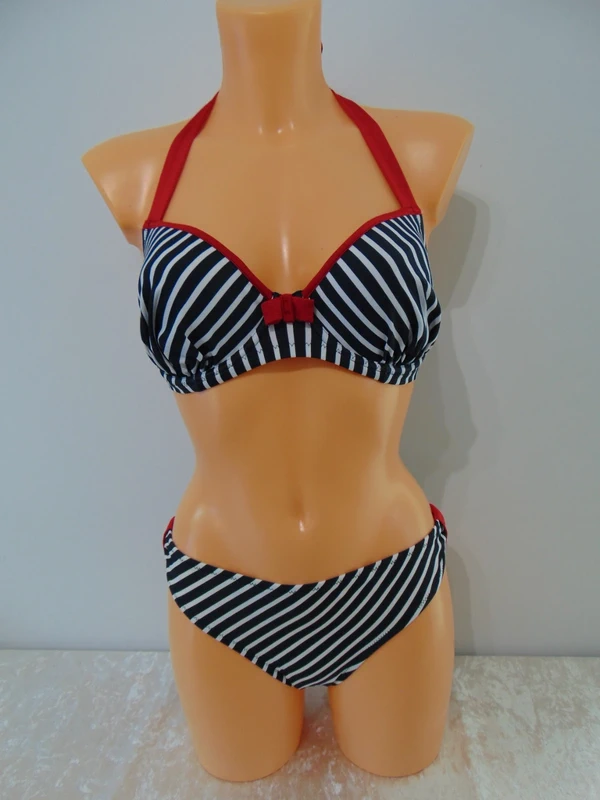 Pour Moi Ahoy Bikini Set Navy White Top UK 32E / UK 10 E Cup + UK 12 Mid Waist Hipster Bottoms